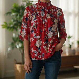 CURE Women's XL Red Floral Smocked Blouse Top High Neck